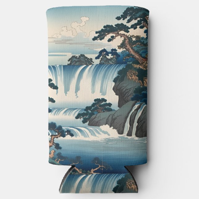Enfriador De Latas Slim Hokusai Ukiyo-e Paisaje de cascada japonés Azul (Anverso)