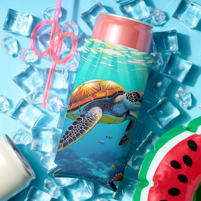 Enfriador De Latas Slim Ilustracion Océano vibrante de tortuga marina (Verano in situ)