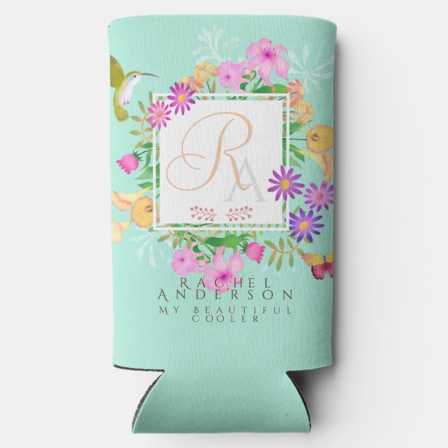 Enfriador De Latas Slim Jardín floral Aqua Monograma (Reverso )