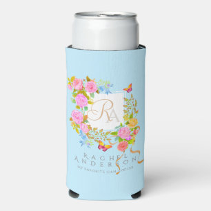 Enfriador De Latas Slim Jardín romántico florecido Monograma Azul