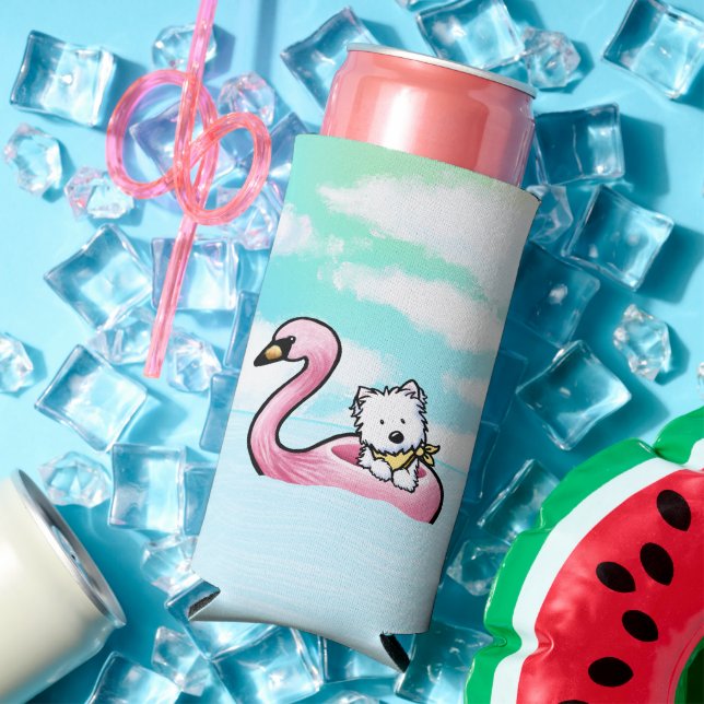 Enfriador De Latas Slim KiniArt Westie Flamingo Floaty Cooler (Verano in situ)