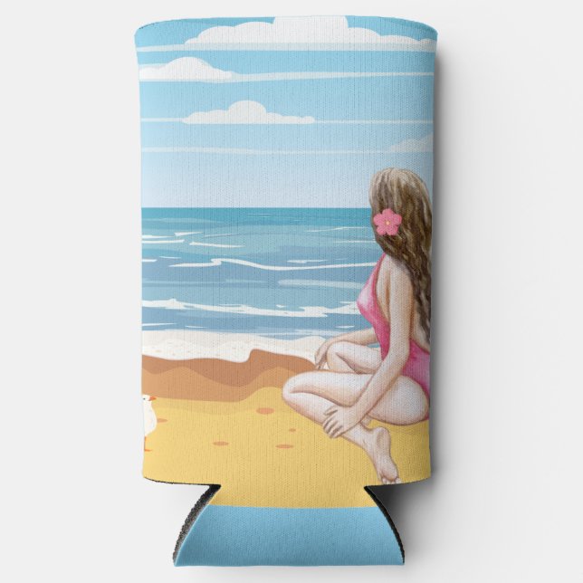 Enfriador De Latas Slim ladie en la playa (Anverso)