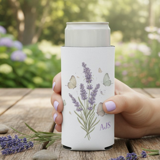 Enfriador De Latas Slim Lavender Butterfly Slim Can Cooler - Shabby Chic (Lavender and butterfly monogram drink cooler)