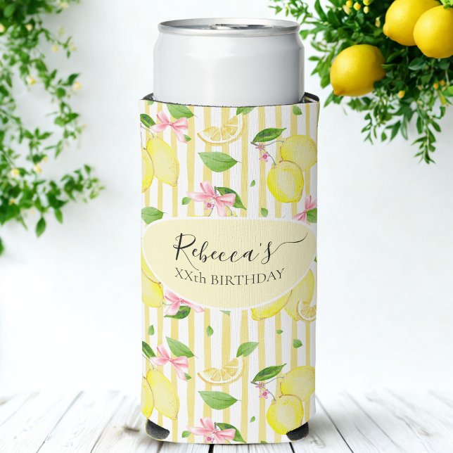 Enfriador De Latas Slim Lemon Coquette Pink Bows And Yellow Stripes (Subido por el creador)