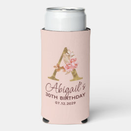 Enfriador De Latas Slim Letra A Monograma Dorado Rosas Rosa Claro