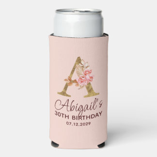 Enfriador De Latas Slim Letter A Gold Monogram Blush Pink Roses