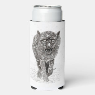 Enfriador De Latas Slim Lobo negro enojado en la nieve, invierno salvaje