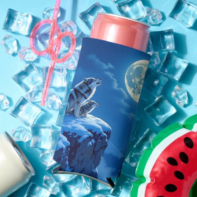 Enfriador De Latas Slim Lobo y cachorro de bebé en plena luna (Verano in situ)