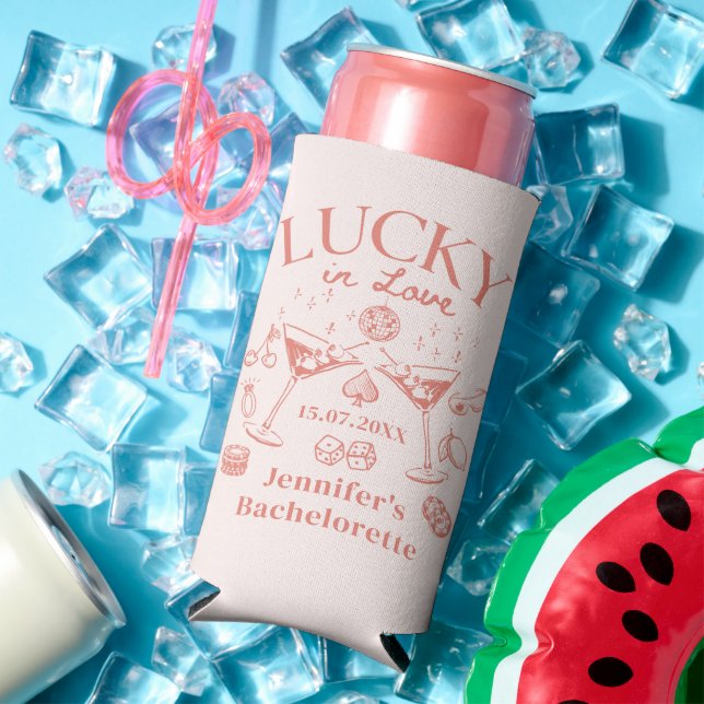 Enfriador De Latas Slim Lucky In Love Peach Bachelorette Weekend (Verano in situ)