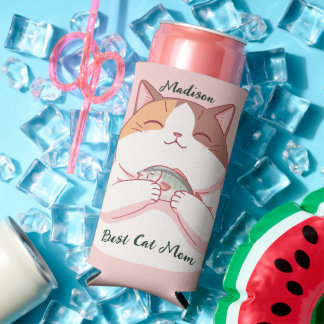 Enfriador De Latas Slim Mamá gato de pez mejor lindo script personalizado