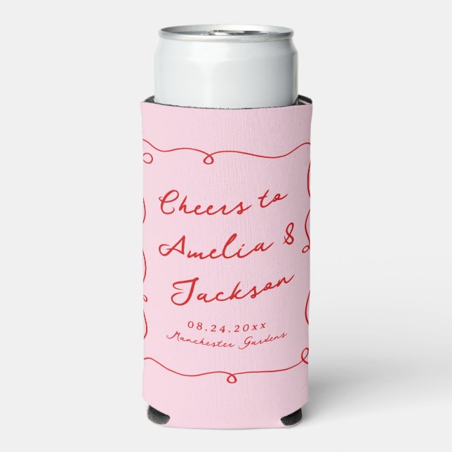 Enfriador De Latas Slim Mano caprichosa dibujada Boda rosa y rojo (Frente Agua con Gas)