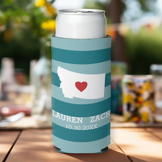 Enfriador De Latas Slim Mapa de la ciudad de Montana - Boda personalizada (Personalized can cooler for a wedding or anniversary - montana)