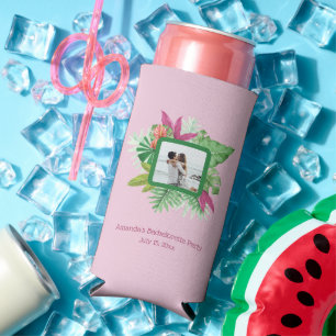 Enfriador De Latas Slim Marco floral tropical con foto y texto personaliza