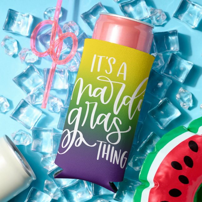 Enfriador De Latas Slim Mardi Gras Party Text Design Ombre Background (Verano in situ)