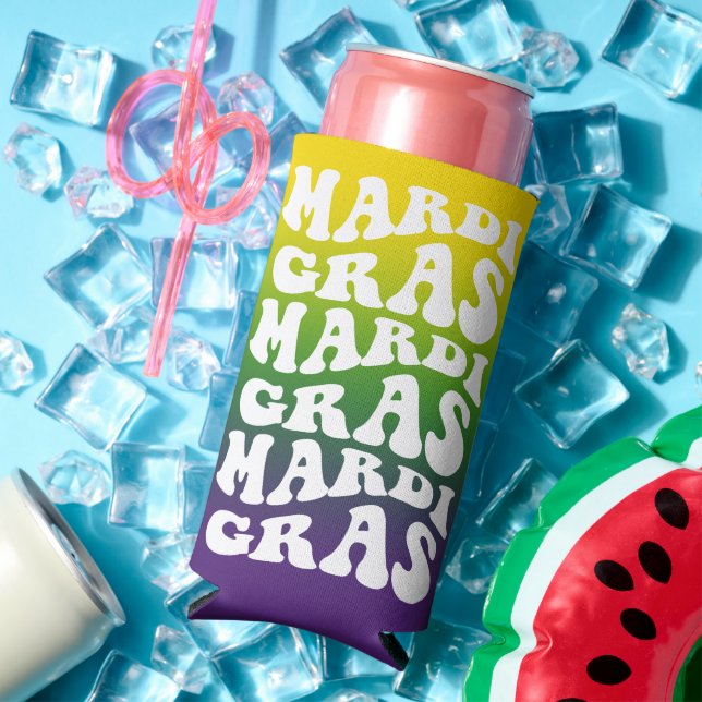 Enfriador De Latas Slim Mardi Gras Retro Text Ombre Party (Verano in situ)