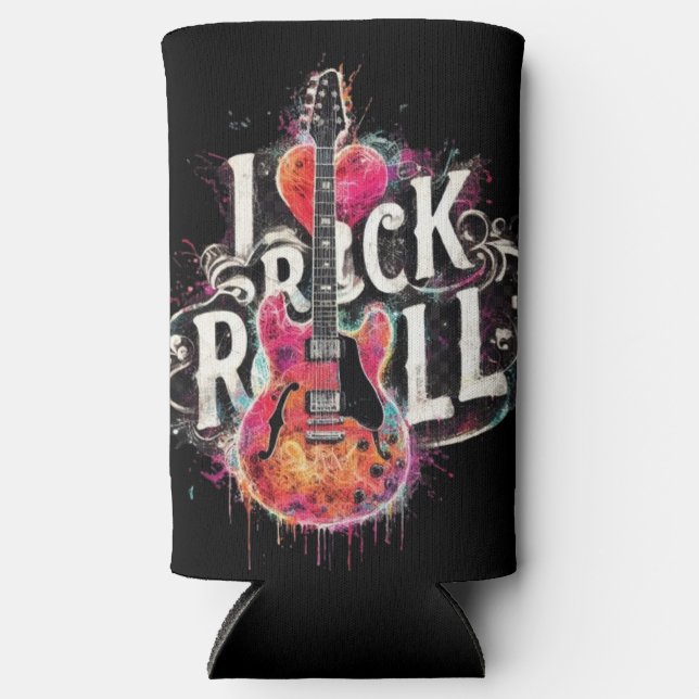 Enfriador De Latas Slim Me encanta la pintura de guitarra eléctrica Rock N (Anverso)