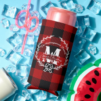 Enfriador De Latas Slim Merry Christmas Monogram Wreath Buffalo Plaid