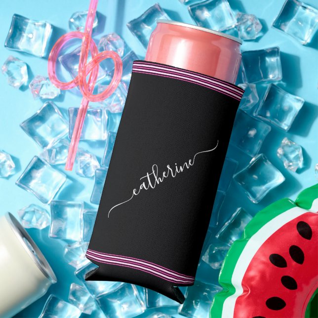 Enfriador De Latas Slim Minimal Hot Pink Black White Cursive Script Name (Verano in situ)
