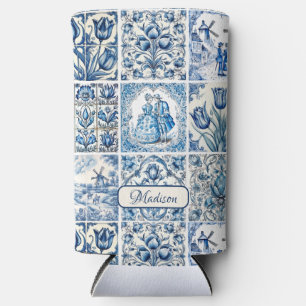 Enfriador De Latas Slim Moda Azul toile blanco de jouy Muñecas y flores