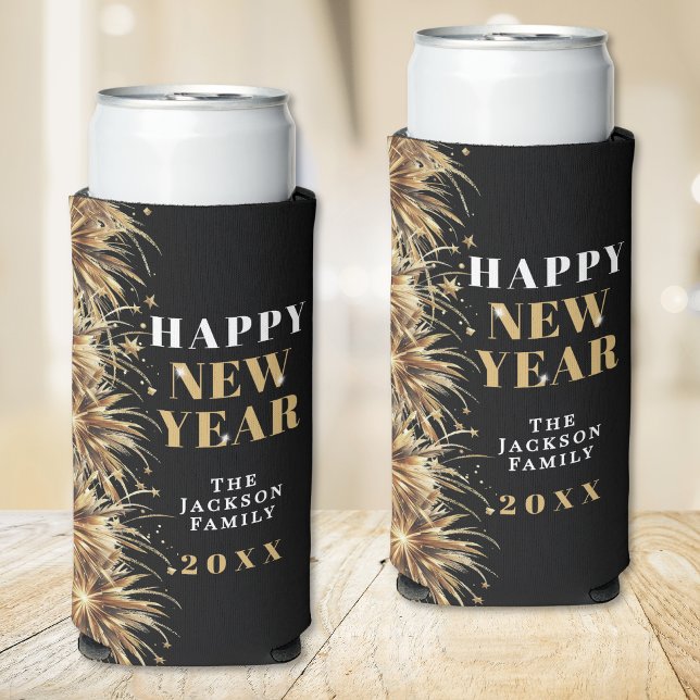 Enfriador De Latas Slim Modern Black Gold Firework New Year's Eve Party (Modern Black Gold Firework New Year's Eve Party Seltzer Can Cooler)
