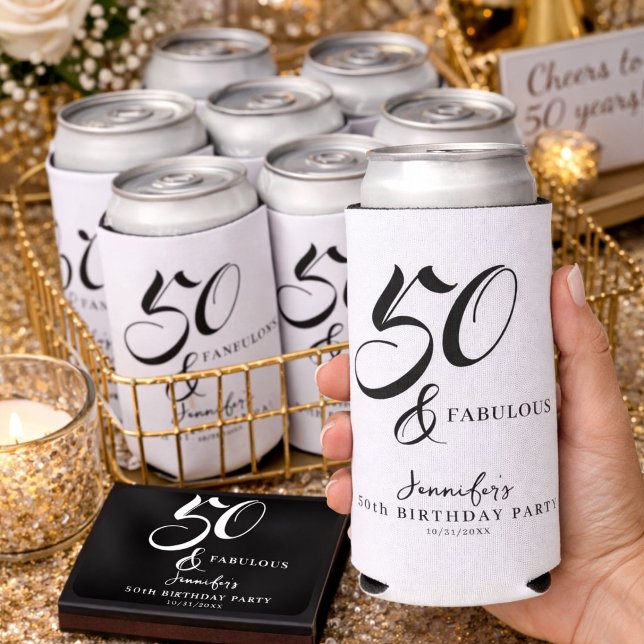 Enfriador De Latas Slim Modern Elegant Black White Fifty Fabulous Birthday (Subido por el creador)
