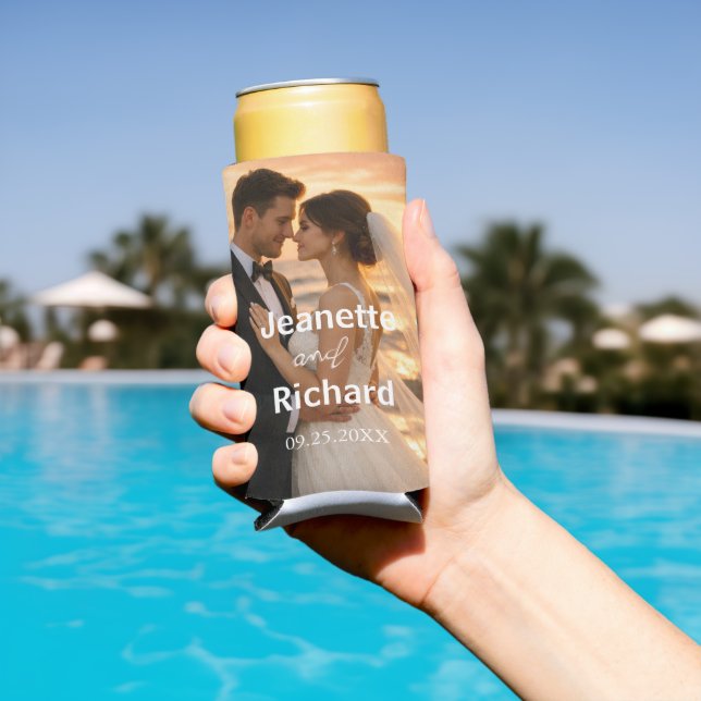 Enfriador De Latas Slim Modern Sunset Beach Wedding Photo  (Piscina in situ)