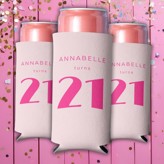 Enfriador De Latas Slim Moderna 21ª Veintiún Fiesta de Cumpleaños Rosa (Blush pink custom can cooler for girls 21st birthday party celebrations and party favors.)
