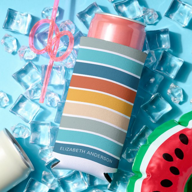 Enfriador De Latas Slim Modernas franjas de atardecer retro personalizadas (Verano in situ)