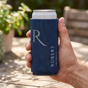 Enfriador De Latas Slim Monograma Azul Simple para Padrino de Boda