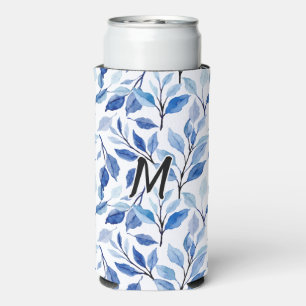 Enfriador De Latas Slim Monograma de Arte Fino Mosaico de Hoja Azul de Acu