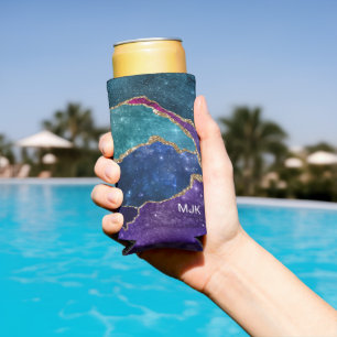 Enfriador De Latas Slim Monograma de las venas de oro azul morado Aqua