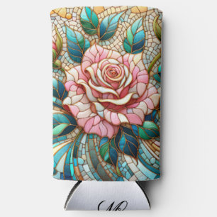Enfriador De Latas Slim Monograma de mosaico de vidrio teñido de rosas ros