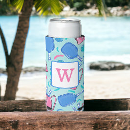 Enfriador De Latas Slim Monograma de Pickleball Blue Preppy