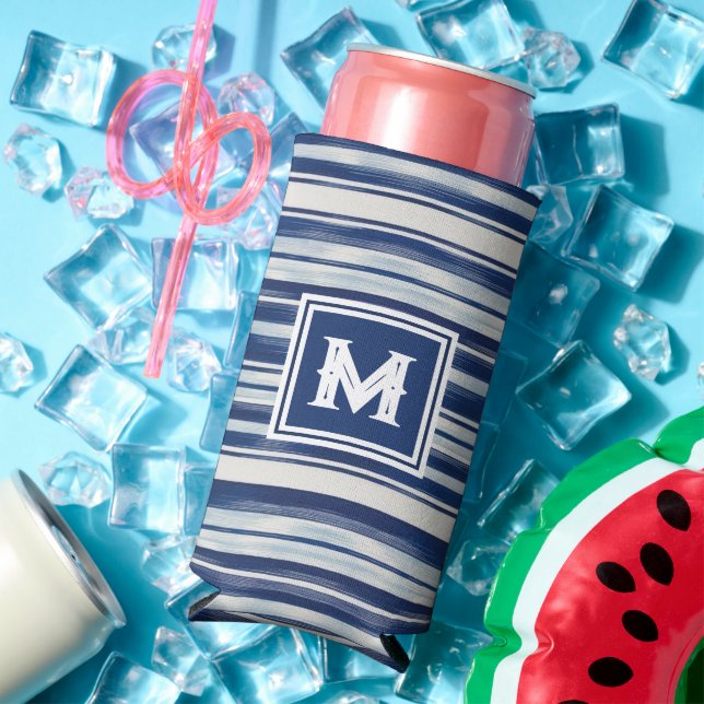 Enfriador De Latas Slim Monograma de rayas azules y blancas (Verano in situ)