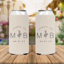 Enfriador De Latas Slim Monograma del Boda del estem floral ruso | Beige c