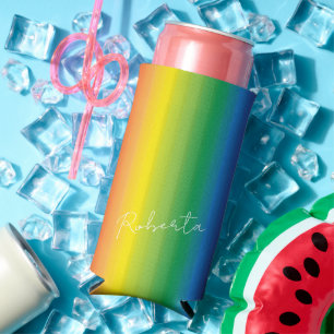 Enfriador De Latas Slim Monograma del guión del patrón arcoiris personaliz