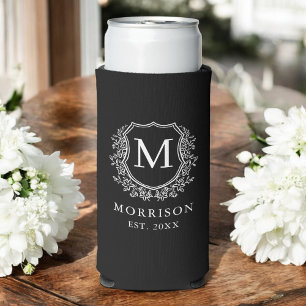 Enfriador De Latas Slim Monograma Escudo negro Boda botánico moderno