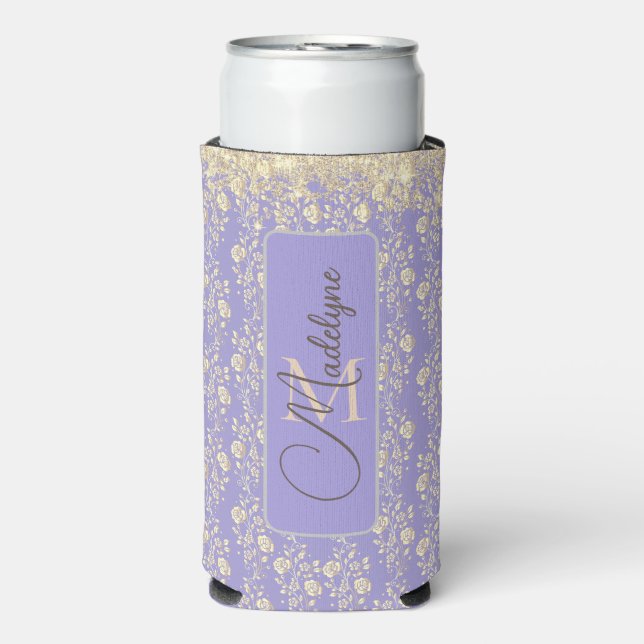 Enfriador De Latas Slim Monograma Floral de oro en lavanda (Frente Agua con Gas)