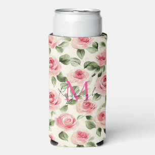 Enfriador De Latas Slim Monograma floral de rosas rosadas bonitos