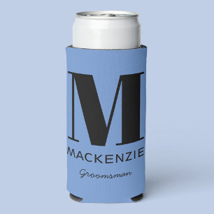 Enfriador De Latas Slim Monograma Groomsman Nombre azul