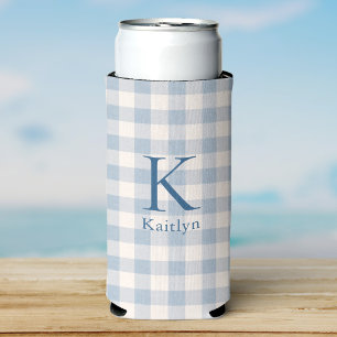 Enfriador De Latas Slim Monograma Heirloom Personalizada de Gingham Azul C