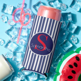Enfriador De Latas Slim Monograma inicial de rayas rojas azul marino de di