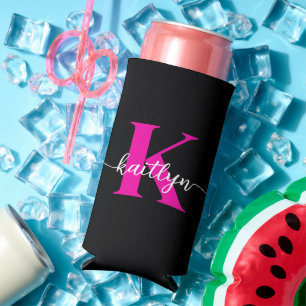 Enfriador De Latas Slim Monograma negro de rosa caliente