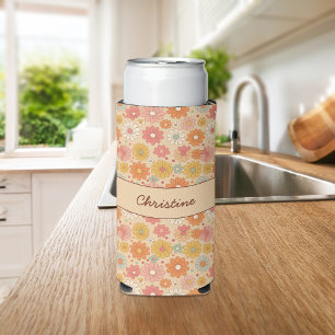 Enfriador De Latas Slim Monograma personalizado con floral retro