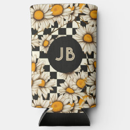 Enfriador De Latas Slim Monograma Retro Groovy Daisy Cuadro de ajedrez
