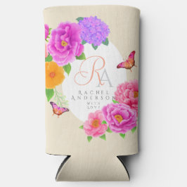 Enfriador De Latas Slim Monograma romántico Peonies Garden Beige