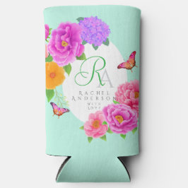 Enfriador De Latas Slim Monograma romántico Peonies Garden Green