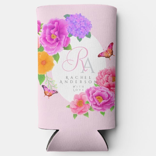 Enfriador De Latas Slim Monograma romántico Peonies Garden Pink (Anverso)