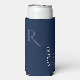 Enfriador De Latas Slim Monograma simple Boda azul Groomsman