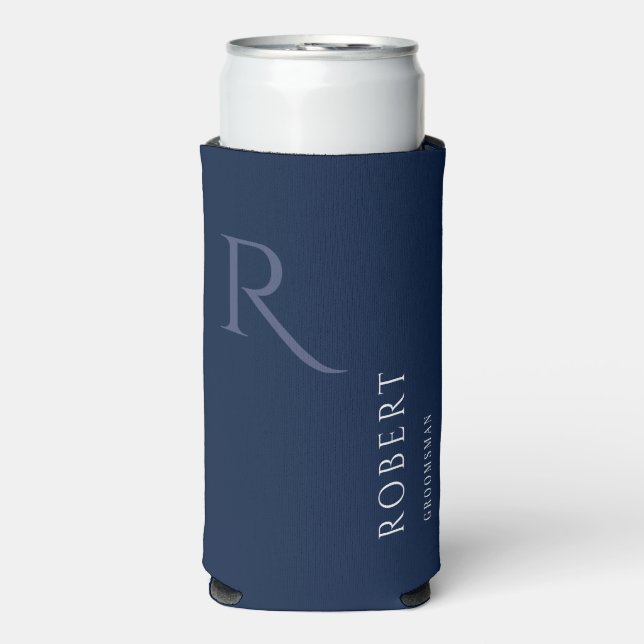 Enfriador De Latas Slim Monograma simple Boda azul Groomsman (Frente Agua con Gas)